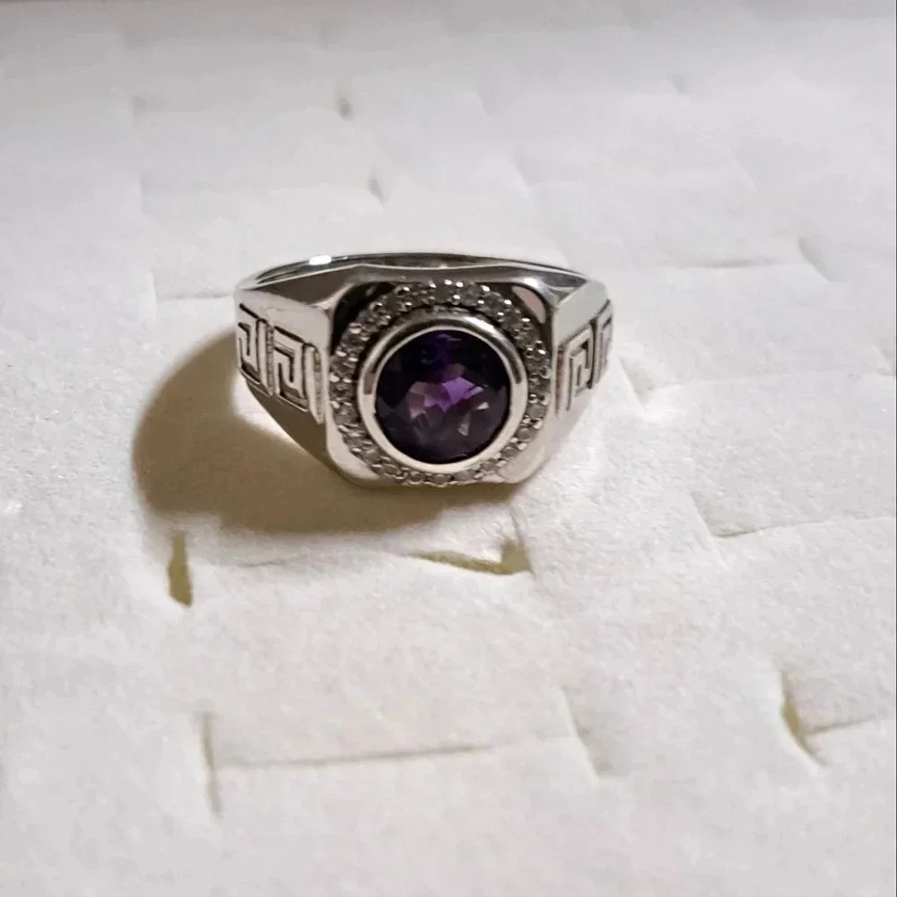 Amethyst & White Zircon Men's Ring Platinum Over Sterling Silver
